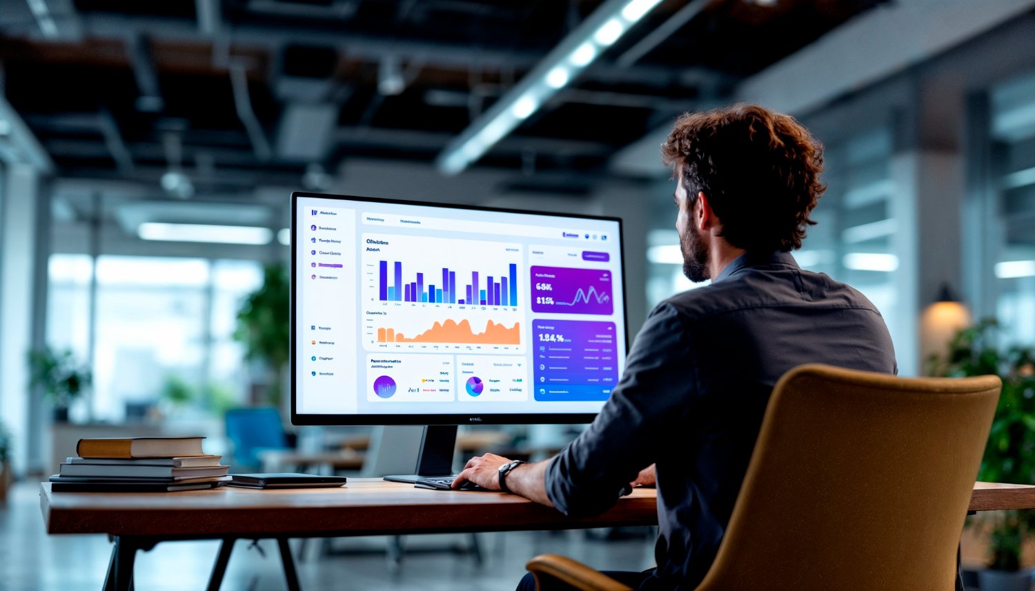 man analyzing business data graph on computer screen in office workspace