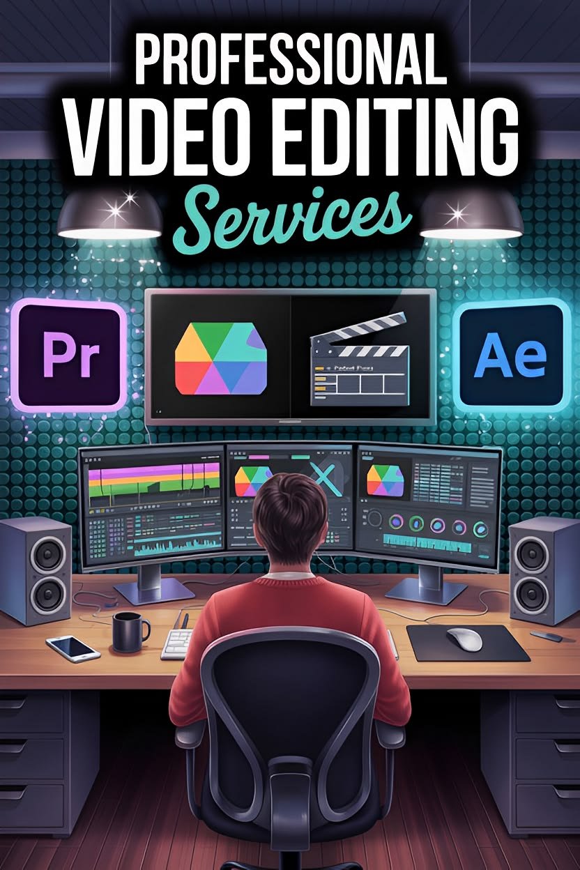 Professional video editing services concept showing creator editing video in digital production studio.