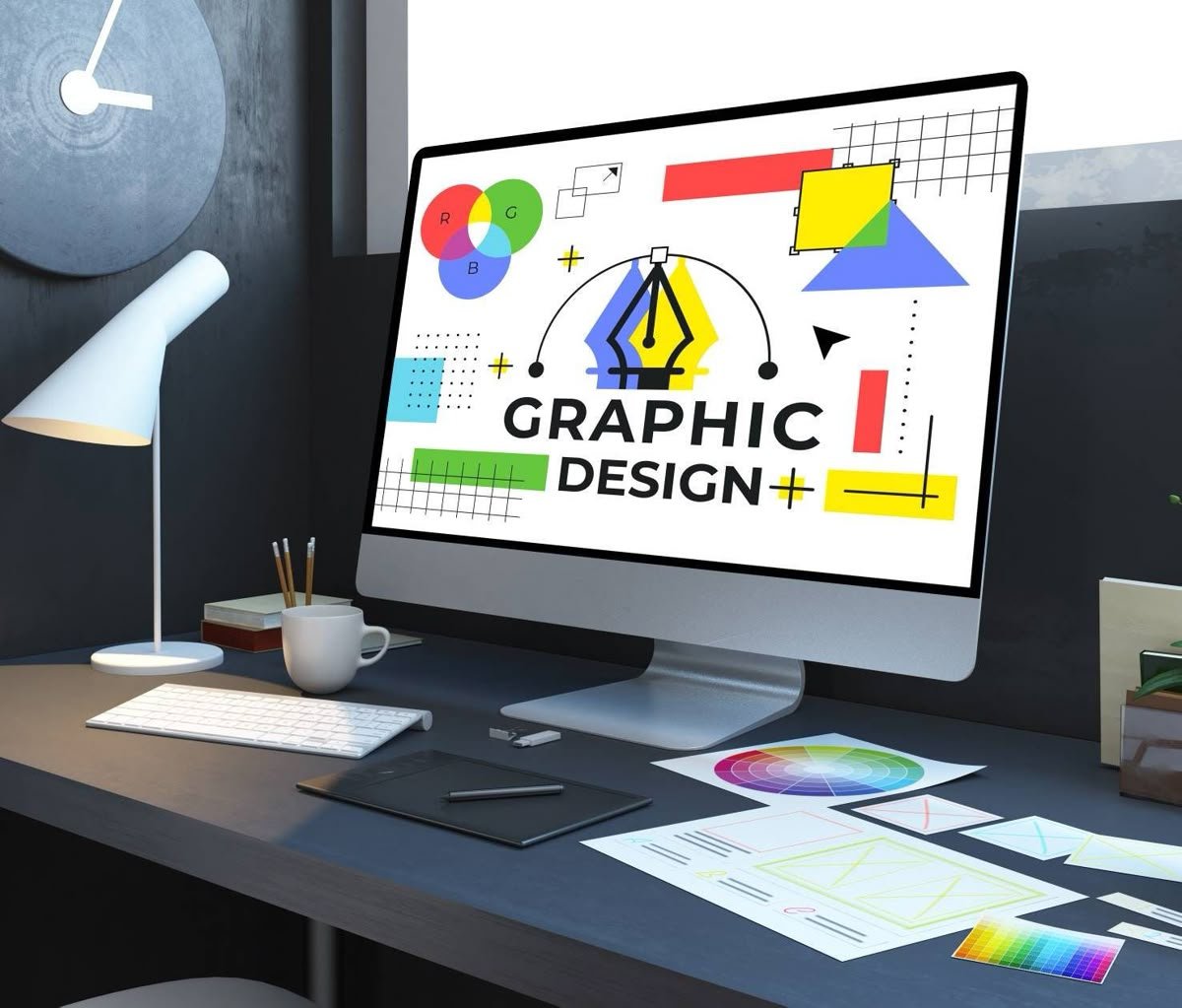 Graphic design services concept showing creative branding and professional logo design ideas.