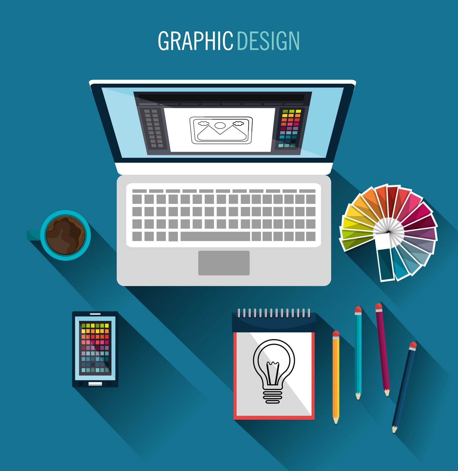 Graphic design services concept with creative designer workspace and digital design tools.
