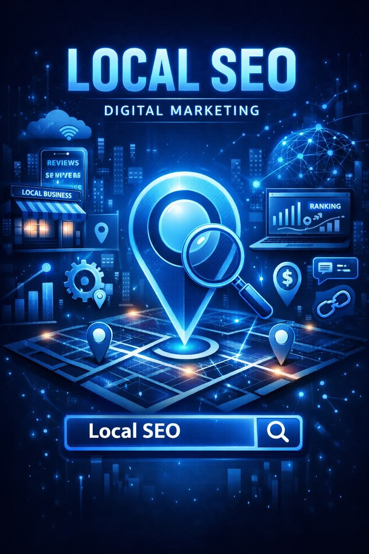 Local SEO services concept showing digital marketing strategy and Google My Business optimization.