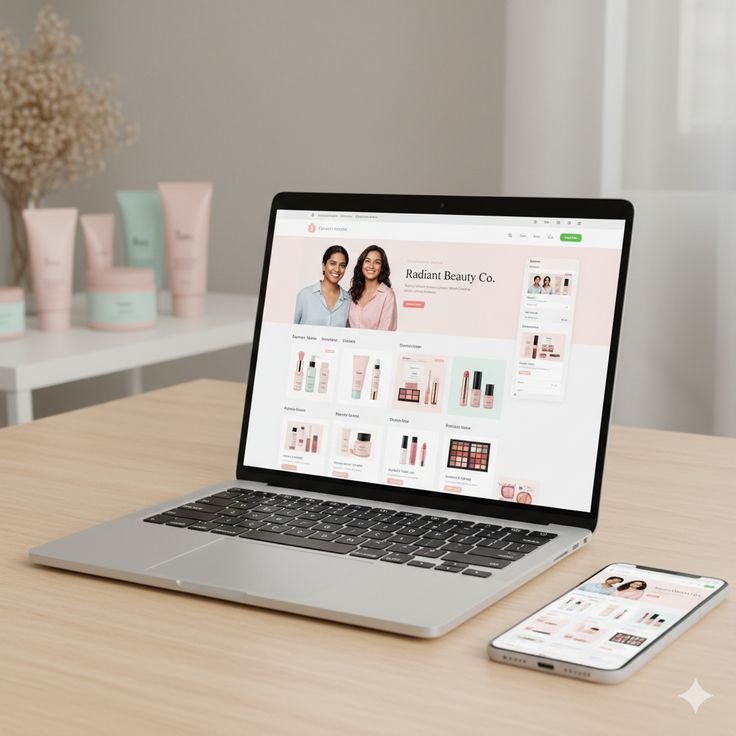 Shopify website development concept showing online shopping and ecommerce store platform.