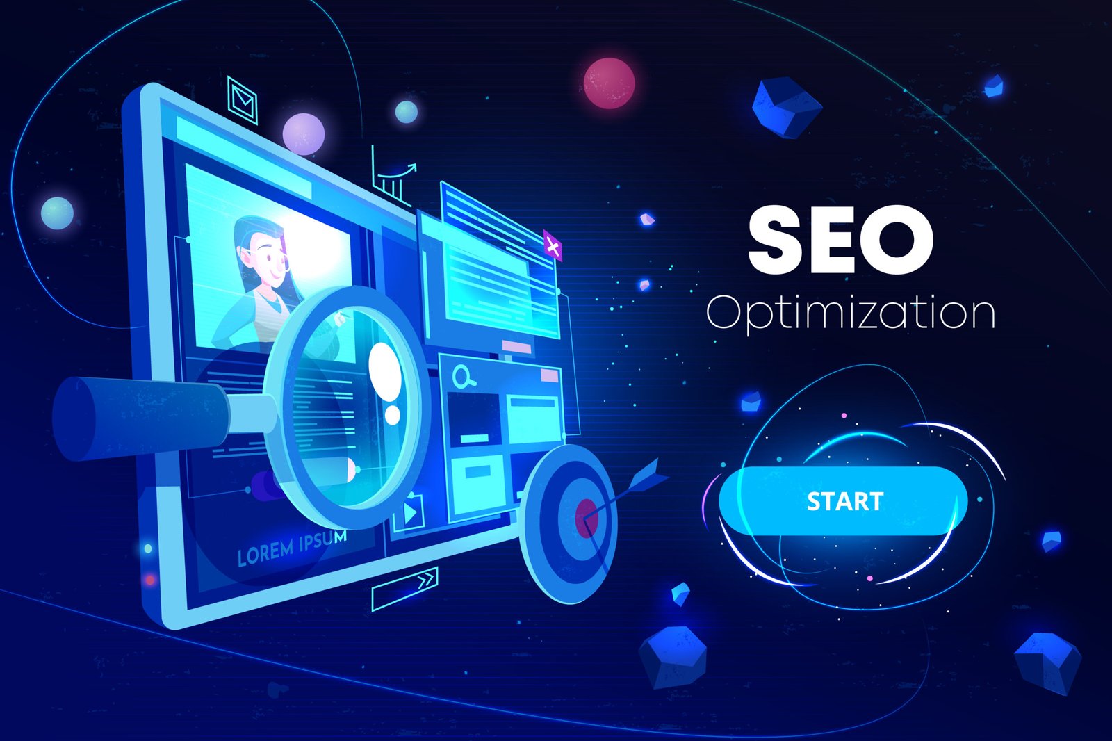 search engine optimization illustration showing digital marketing analytics and website growth