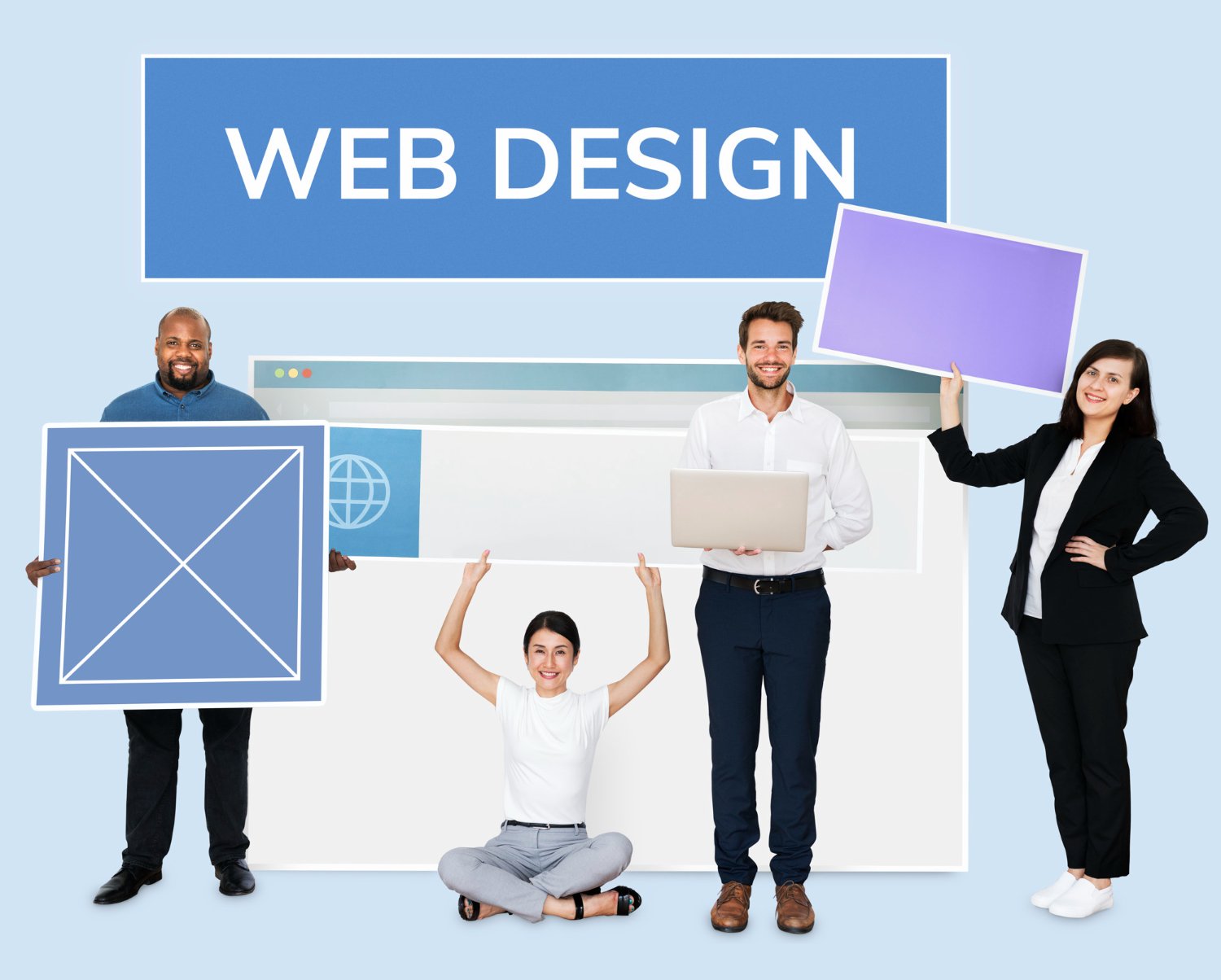 WordPress development services concept with diverse team holding web design project board.