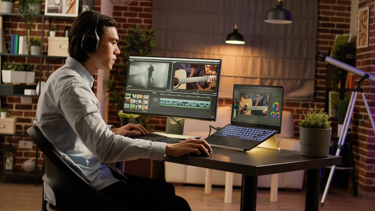 Video editor creating animated video production with visual effects and color grading.