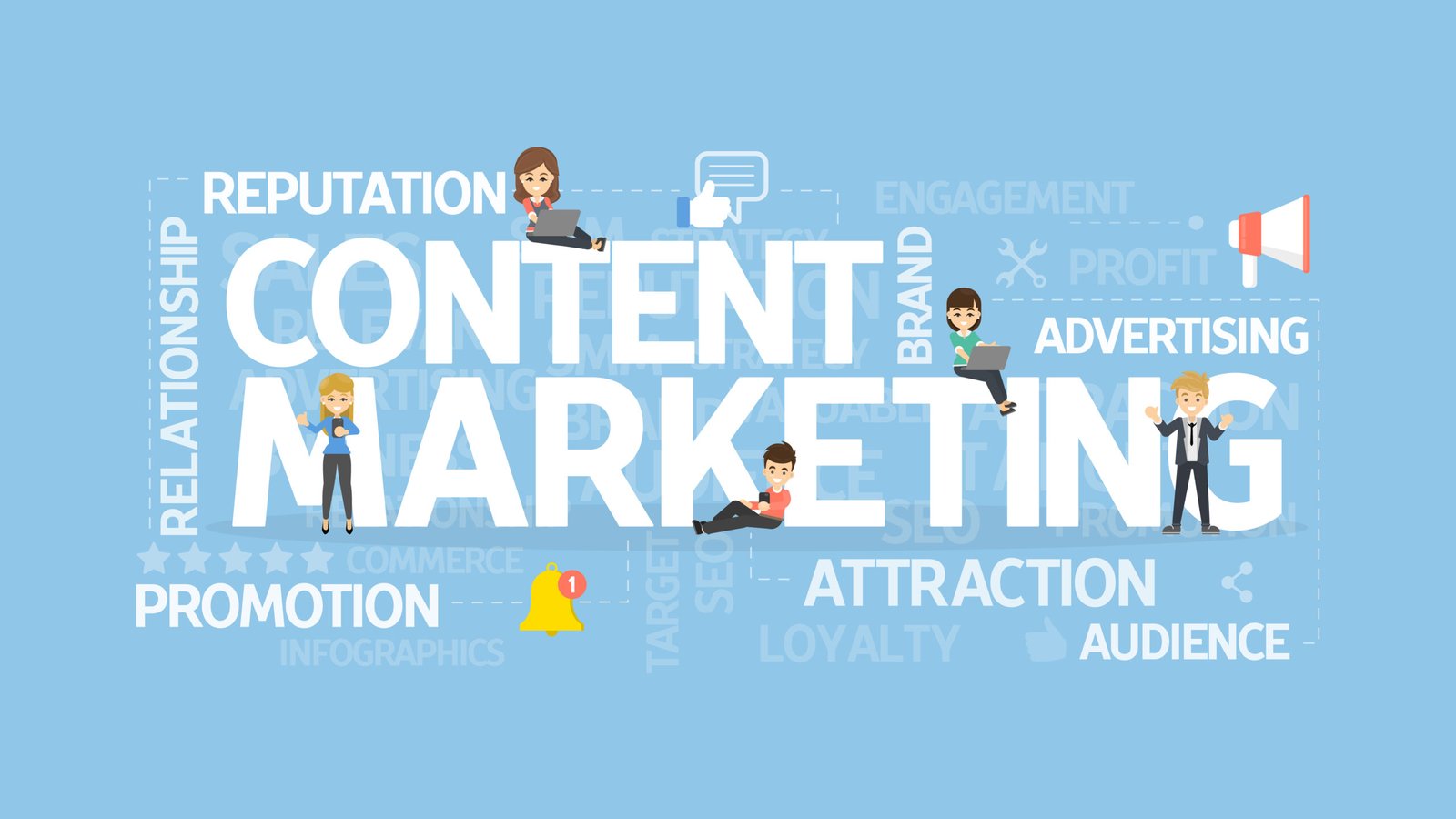 Content copywriting services and SEO website copywriting illustration showing digital content marketing strategy and online promotion.